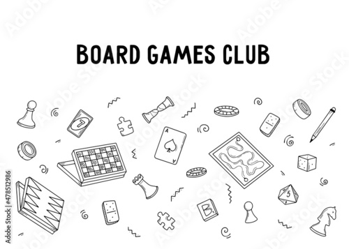 Board games club. Set of vector doodle elements, board games collection. Vector hand drawn illustration