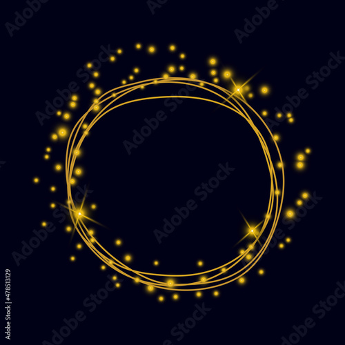 Golden frame with shining lights on a dark background. Gold color isolated border. Vector christmas frame