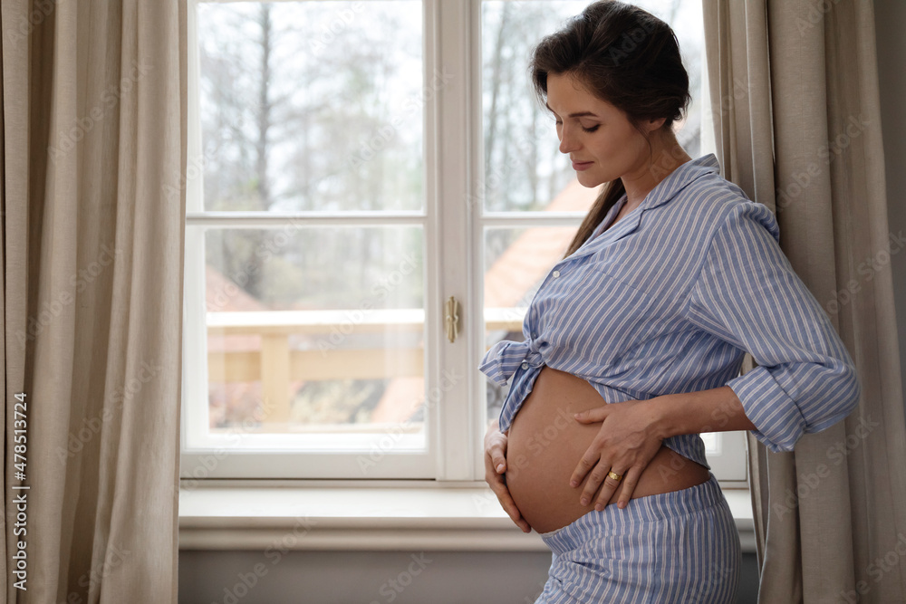 Sensual pregnant woman standing beside the window at home Sensual pregnant woman standing beside the window at home