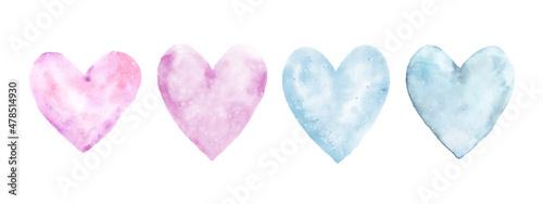 Hand-painted watercolor pink and blue hearts set