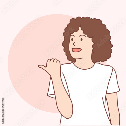 Woman is pointing with her thumb to suggest something interesting, Vector design and illustration.