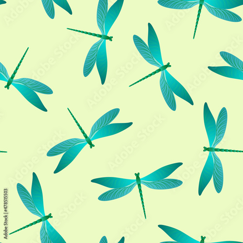 Dragonfly minimal seamless pattern. Summer dress textile print with flying adder insects. Close up