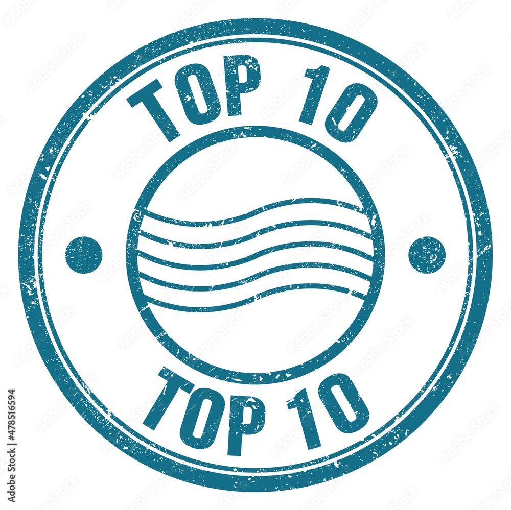 TOP 10 text written on blue round postal stamp sign TOP 10 text written on blue round postal stamp sign