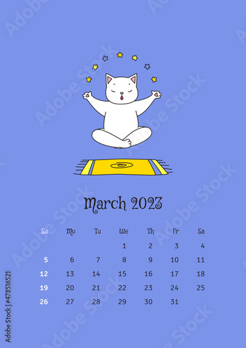 March 2023 calendar. Calendar template decorated with a cute magic cat flying in yoga lotus asana. Vector illustration 10 EPS. photo