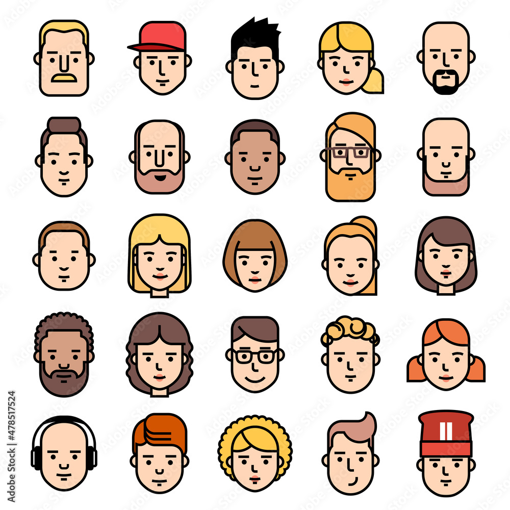 Line colorful icons collection of people avatars. Man and woman characters. Suitable for use in applications, infographics, web, social networks Line colorful icons collection of people avatars. Man and woman characters. Suitable for use in applications, infographics, web, social networks