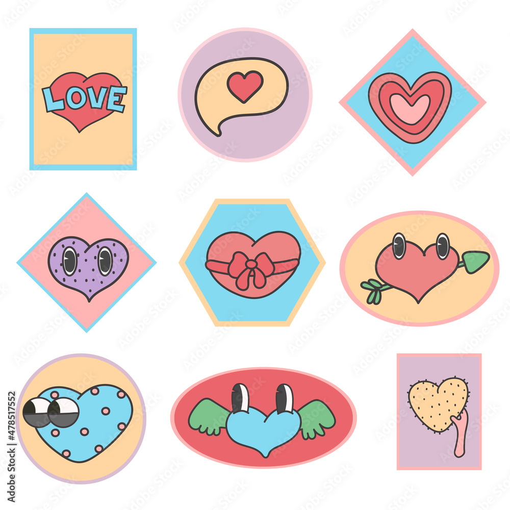 sticker Hearts Set. Doodle Style. Collection of Design elements for postcards, stories, Wedding and Valentine day invitation and greeting cards design