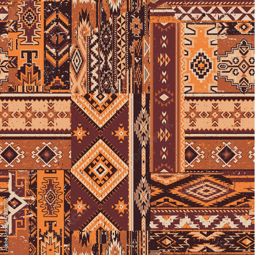 Native American traditional fabric patchwork  grunge vintage vector seamless pattern