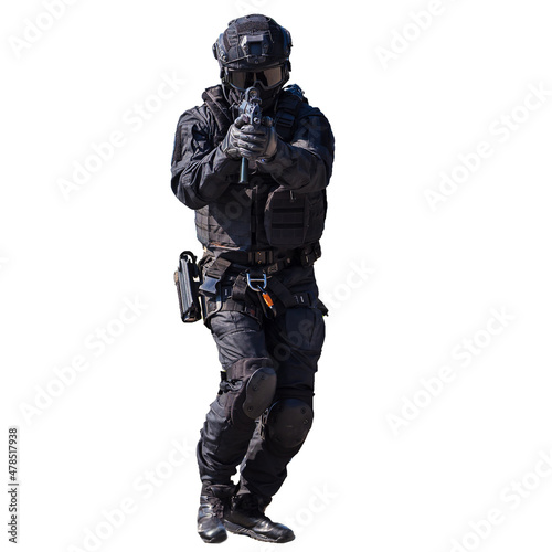 Special forces member in action isolated on white background