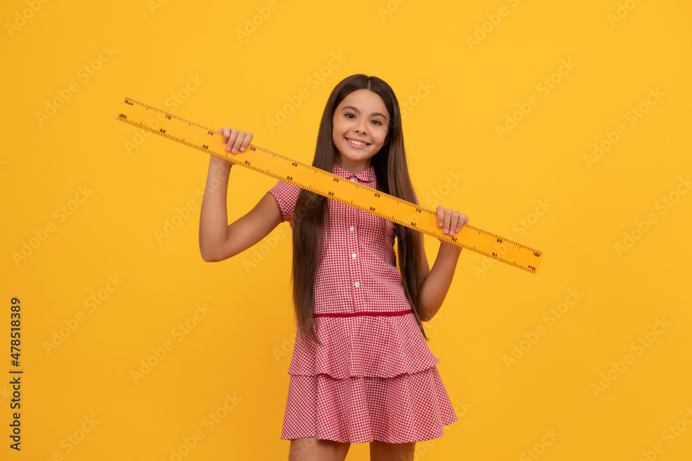 happy teen girl study math in school hold ruler, education happy teen girl study math in school hold ruler, education