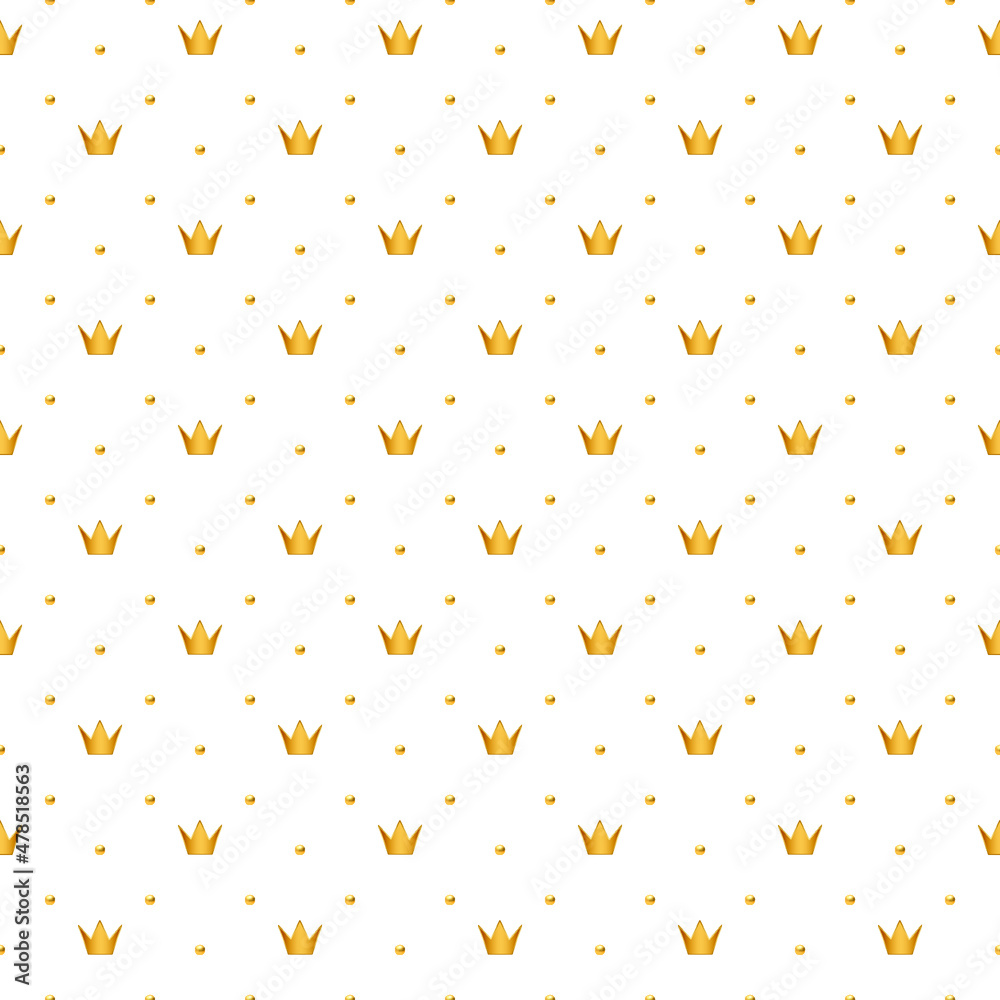 White luxury background with golden crowns and beads. Vector illustration.