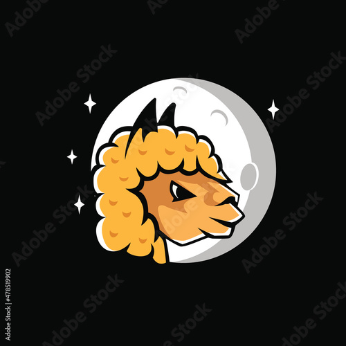 Alpaca logo under moonlight. Farm animal mascot illustration, fur factory, cute animal