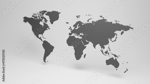 dark clean 3D world map with shadows on white background