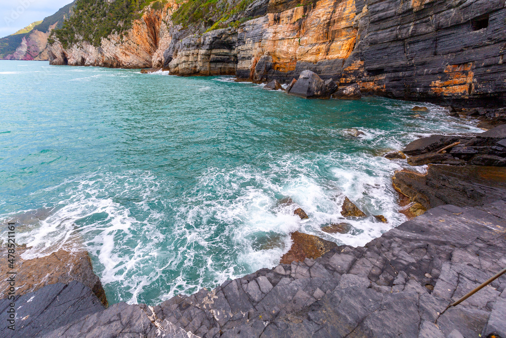 View on Byron Grotto in the Bay of Poets, turquoise color of the sea, Portovenere, Italian Riviera, Italy