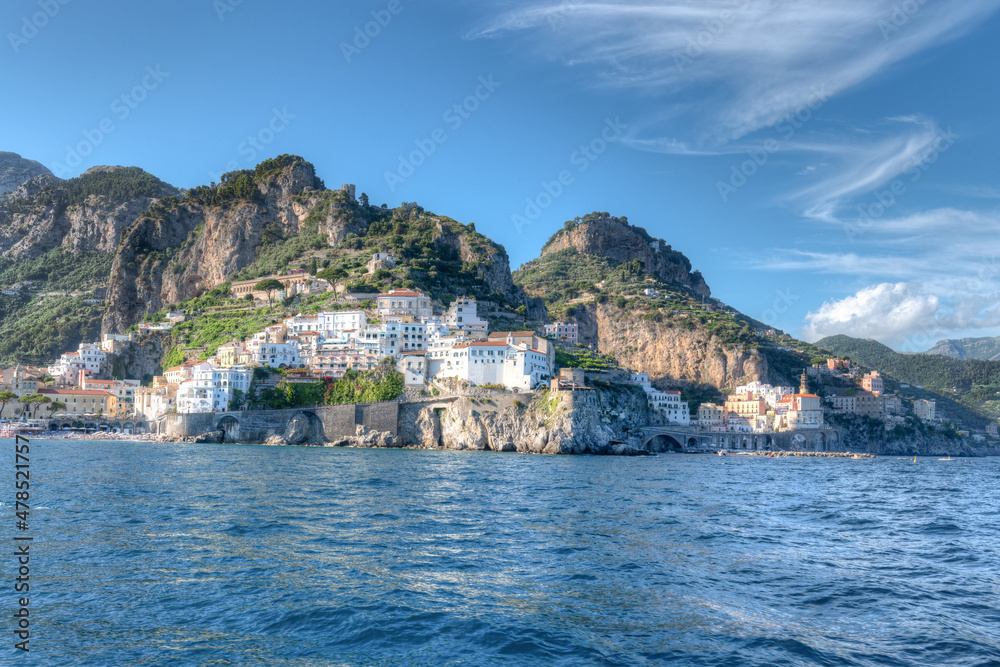 Spectacular view from the sea on the town of Amalfi