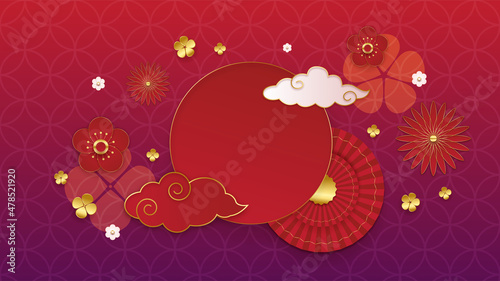 Happy Chinese new year 2022. Year of Tiger character with asian elements and flower with craft style on background. Universal Chinese background with red and gold color theme