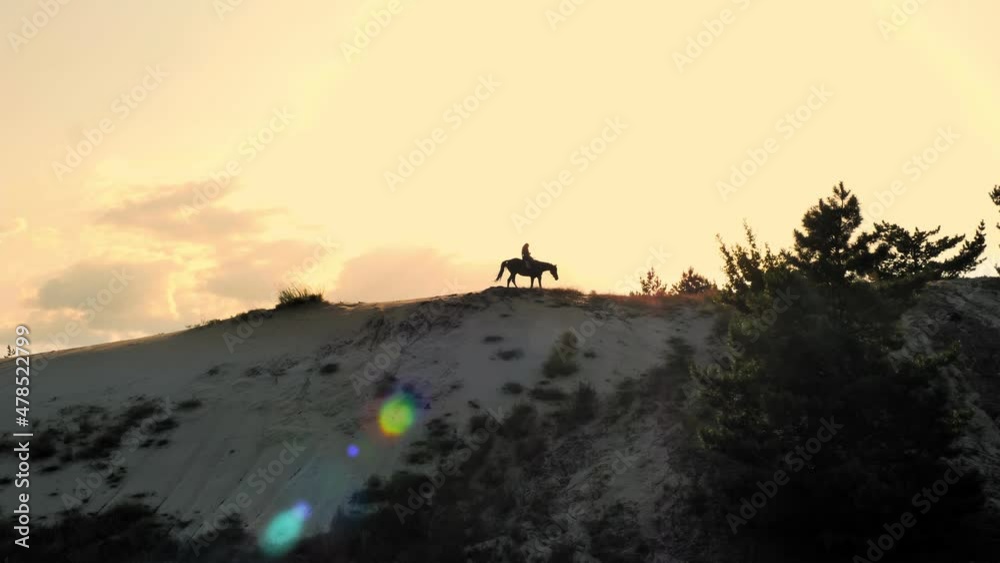 Horse riding. Equitation. Silhouette of horsewoman is riding a horse on sandy hill, towering over pine forest, at sunset, in warm summer sun rays. sunset sky background Horse riding. Equitation. Silhouette of horsewoman is riding a horse on sandy hill, towering over pine forest, at sunset, in warm summer sun rays. sunset sky background