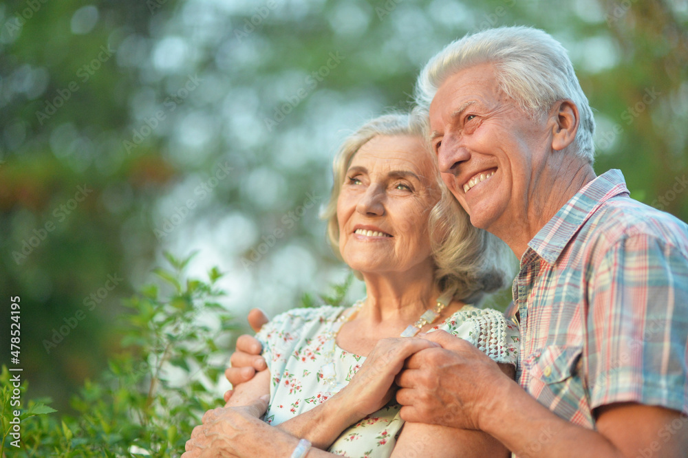 Beautiful senior couple hugging in the summer park Beautiful senior couple hugging in the summer park
