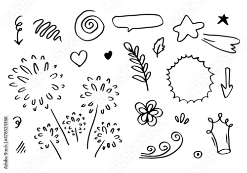 Hand drawn set elements, black on white background. Arrow, heart, love, star, leaf, sun, light, flower, crown, king, queen,Swishes, swoops, emphasis ,swirl, heart, for concept design.
