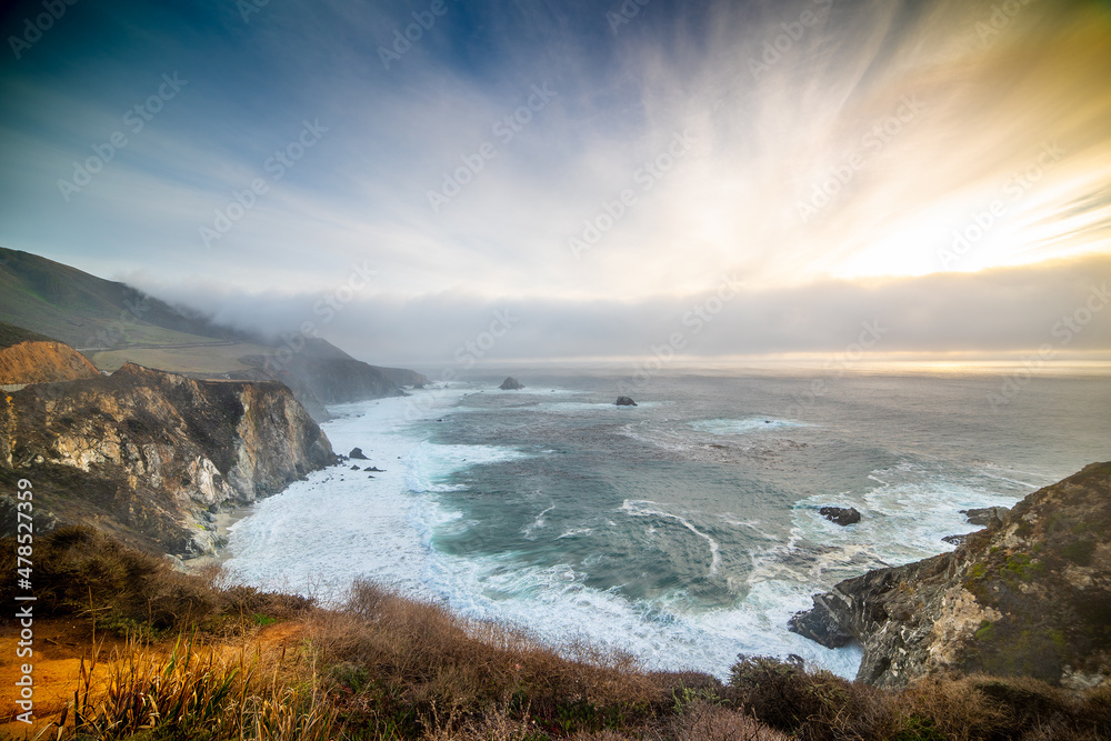 Northern California coast on a foggy day at sunset Northern California coast on a foggy day at sunset