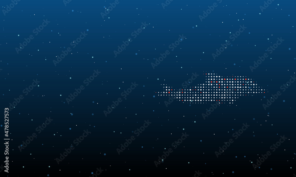 On the right is the dolphin symbol filled with white dots. Background pattern from dots and circles of different shades. Vector illustration on blue background with stars On the right is the dolphin symbol filled with white dots. Background pattern from dots and circles of different shades. Vector illustration on blue background with stars