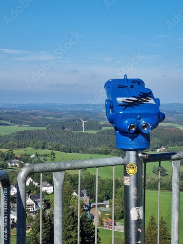 Telescope on the Schombergturm (Schomberg tower) near Wildewiese, Sauerland, North Rhine-Westphalia, Germany Fernrohr auf dem (Schomberg tower) nahe dem Ort Wildewiese, Sauerland Nordrhein-Westfalen photo