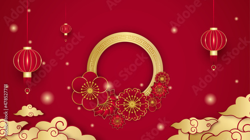 Happy Chinese new year 2022. Year of Tiger character with asian elements and flower with craft style on background. Universal Chinese background with red and gold color theme