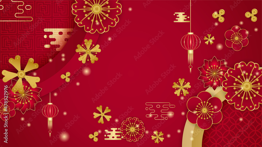 Happy Chinese new year 2022. Year of Tiger character with asian elements and flower with craft style on background. Universal Chinese background with red and gold color theme Happy Chinese new year 2022. Year of Tiger character with asian elements and flower with craft style on background. Universal Chinese background with red and gold color theme