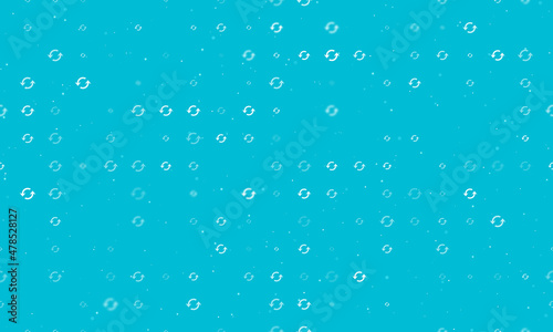 Seamless background pattern of evenly spaced white refresh symbols of different sizes and opacity. Vector illustration on cyan background with stars