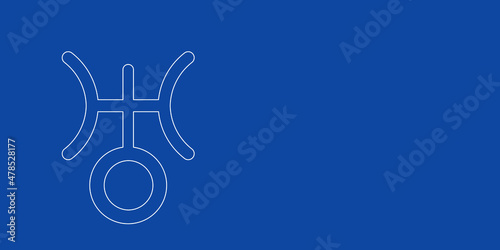 A large white outline astrological uranus symbol on the left. Designed as thin white lines. Vector illustration on blue background