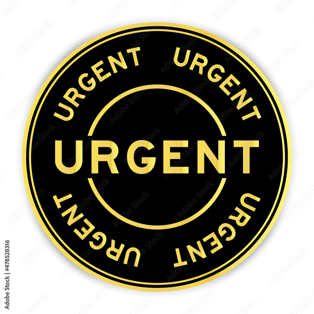 Black and gold color round sticker with word urgent on white background