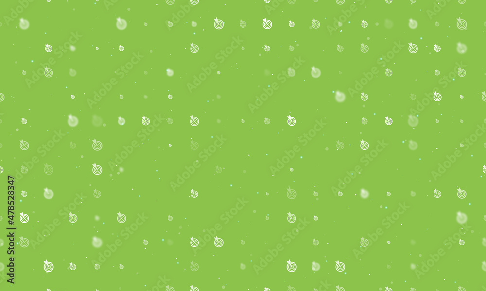 Seamless background pattern of evenly spaced white goal symbols of different sizes and opacity. Vector illustration on light green background with stars