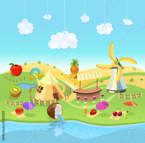 Fototapeta Naklejka Na Ścianę i Meble -  Fruit village with river and beach and mill. Rural landscape of a fictional country. Fruit. Vector illustration