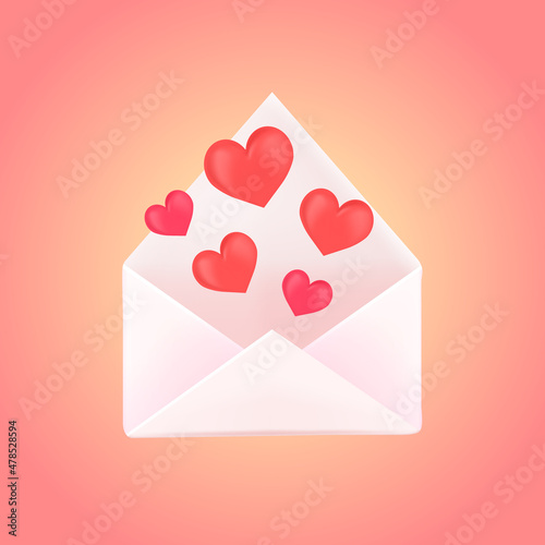 White envelope with hearts on pink background. Greeting card concept.