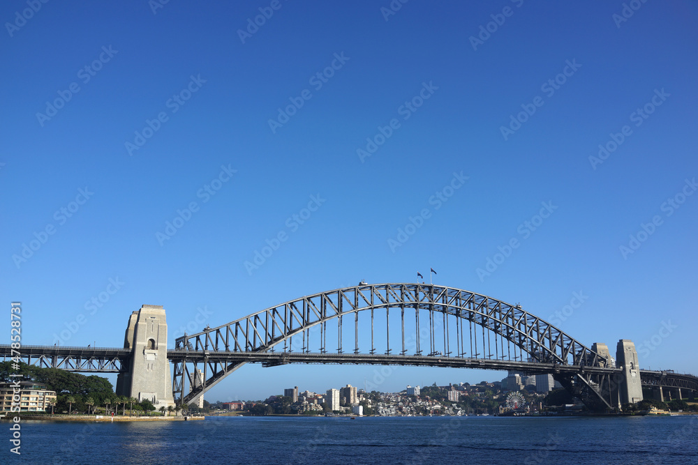 View of Sydney Harbour Bridge and city skyline.