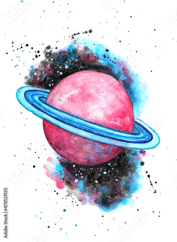 Hand-drawn watercolor illustration of pink planet with blue rings in space. Idea for children's books, posters, postcards, etc.