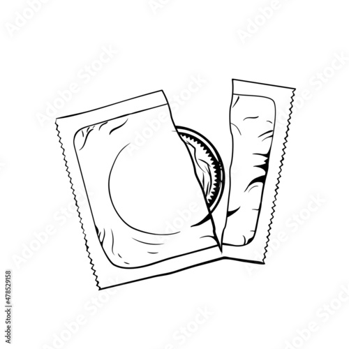 Hand-drawn open box condom. Vector illustration isolated on white background