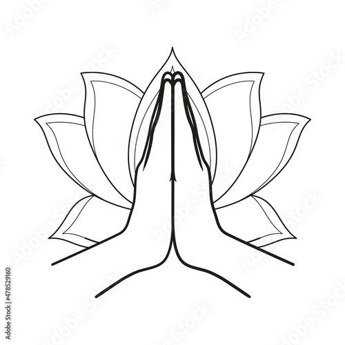 Namaste gesture with sacred lotus flower on background. Vector illustration
