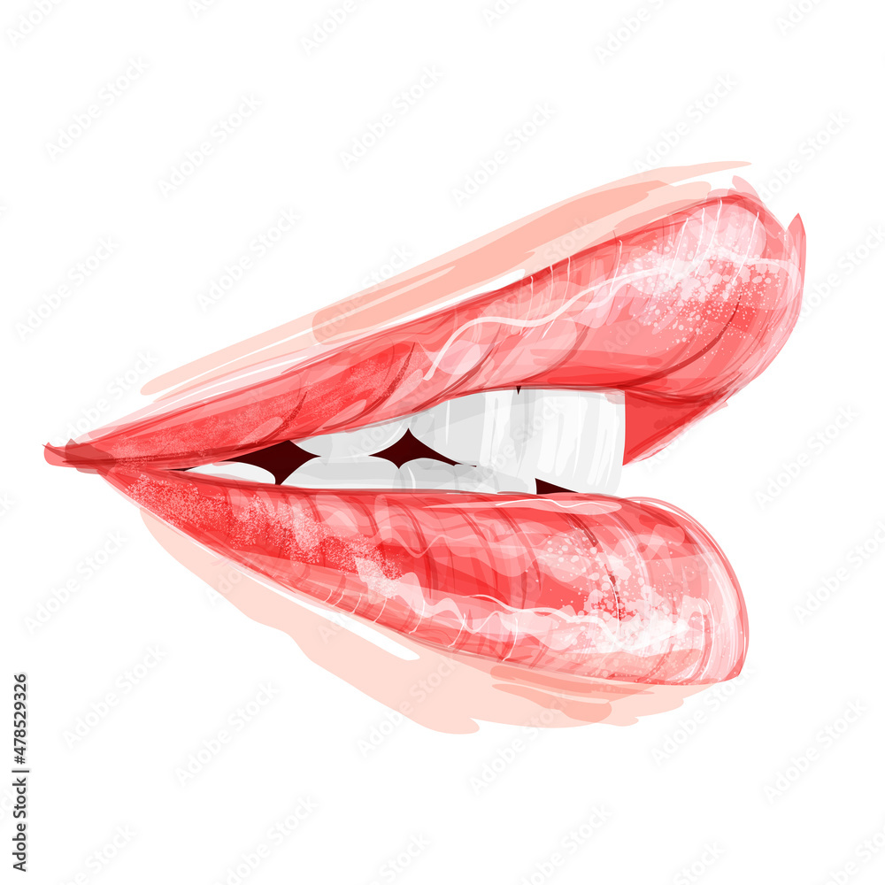 Woman's lips with glossy lipstick and white teeth. Hand drawn modern fashion vector illustration of beautiful female mouth with perfect makeup. Beauty sketch for cosmetics design.