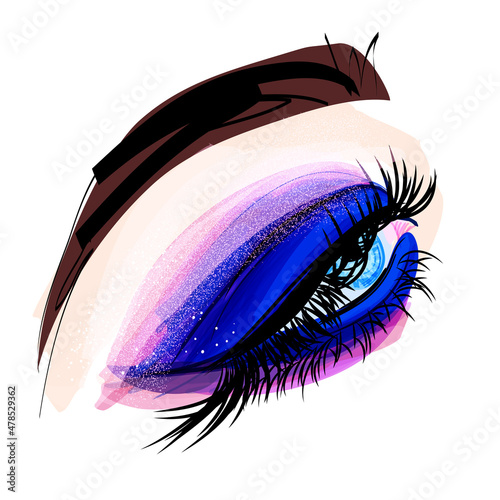Woman's blue eye with perfect vivid makeup and long eyelashes. Hand drawn modern fashion vector illustration of beautiful female face detail. Beauty sketch for cosmetics design.
