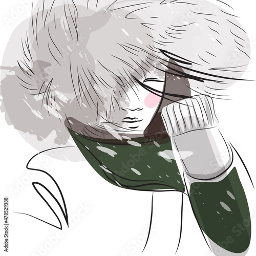 Girl's winter portrait. Hand drawn modern fashion illustration of abstract young beautiful and elegant woman dressed in a winter parka during the snow. Female face.