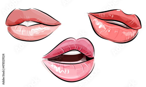 Woman's lips with different lipstick. Girl's portrait. Hand drawn modern fashion vector illustration of beautiful female mouths with perfect makeup. Beauty sketch for cosmetics design.