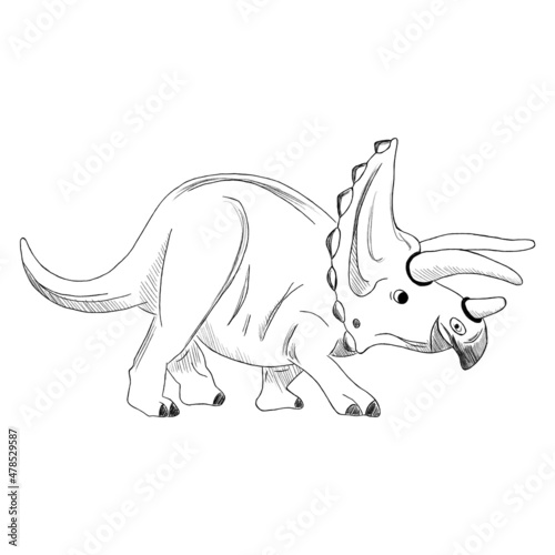 Graphic black and white dinosaur sketch. Hand-drawn dinosaurus isolated on white background, animal 