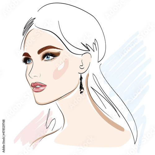 Girl's portrait. Hand drawn modern fashion illustration of abstract young beautiful and elegant woman with perfect makeup. Female face. Beauty sketch for cosmetics design.
