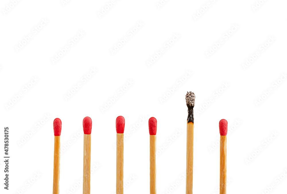 Matches in a row with copy space isolated on white. Out of the box thinking concept.