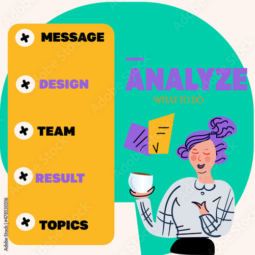 A woman works with statistic and chooses some options. Vector illustration. Landing page concept