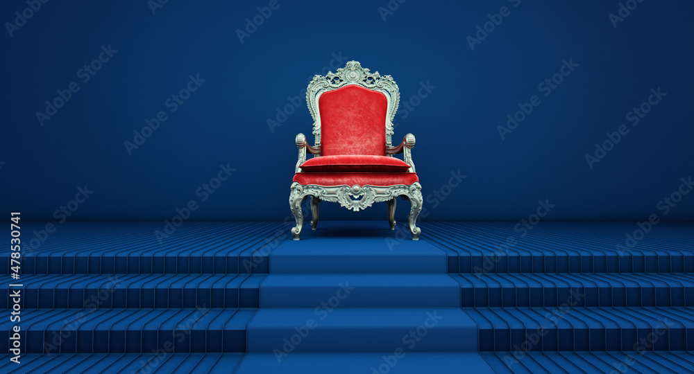 Red royal chair on a blue background, VIP throne, Red royal throne, 3d render - obrazy, fototapety, plakaty 