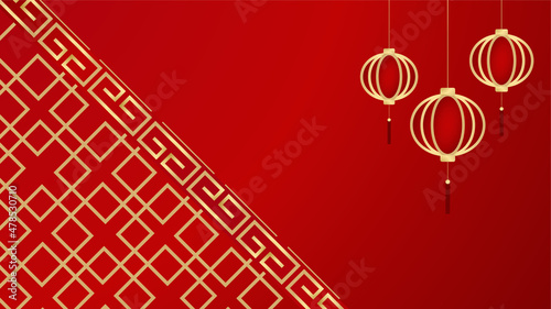 Happy Chinese new year 2022. Year of Tiger character with asian elements and flower with craft style on background. Universal Chinese background with red and gold color theme