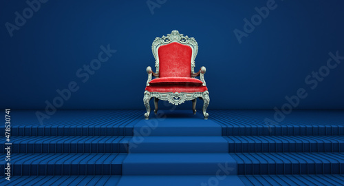 Red royal chair on a blue background, VIP throne, Red royal throne, 3d render photo