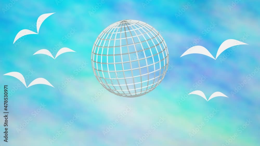 Peace banner, a wire model of the globe rotates in a blue sky with fine clouds, white silhouettes of doves float to the right and left of the globe, a blue distinctive peace inscription appears at the