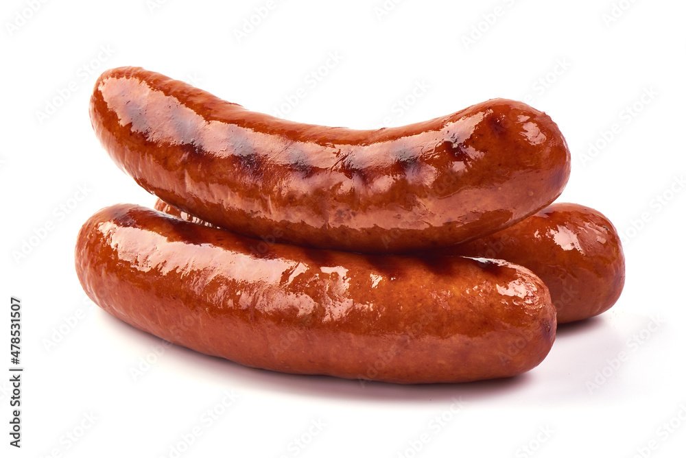 Grilled pork sausages, isolated on white background. - obrazy, fototapety, plakaty 